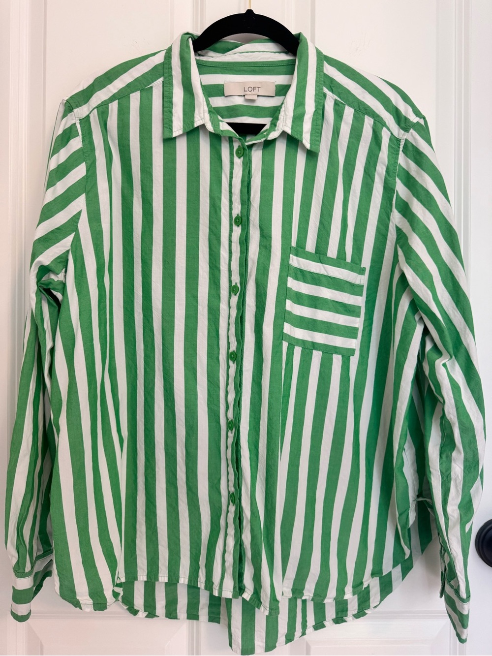 LOFT Green White Striped Button Front Shirt XL Cotton Modal Oversized